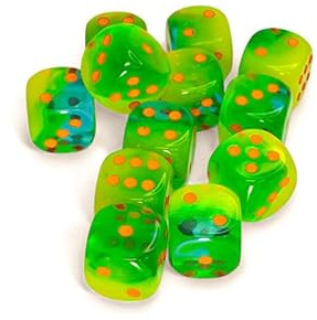 Gemini® 16mm d6 Plasma Green-Teal/orange Luminary Dice Block (12 dice)