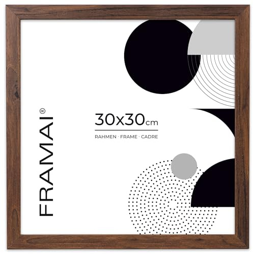 FRAMAI® Bilderrahmen 30x30 cm Braun MDF Umweltfreundlichem Rahmen mit Bruchsicheren Plexi, Aufhänger und Aufsteller
