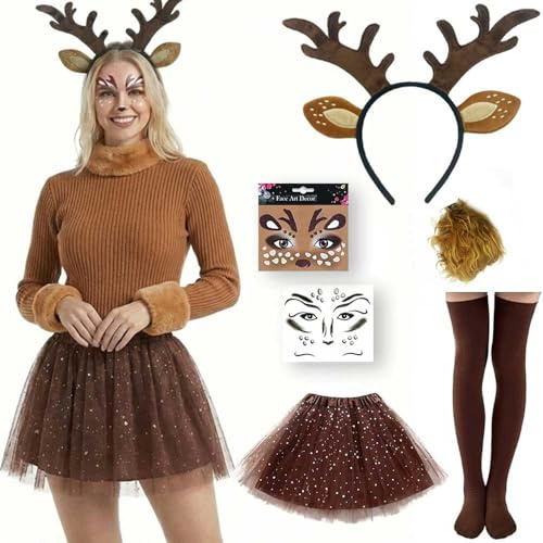 TAOYIO Reh Kostüm Zubehör Set Damen für Karneval, Rentier Cosplay Outfit mit Geweih Haarreif, Gesichtsaufklebern, Schwanz, Overknee Strümpfen & Tüllrock für Halloween, Weihnachten & Faschingspartys