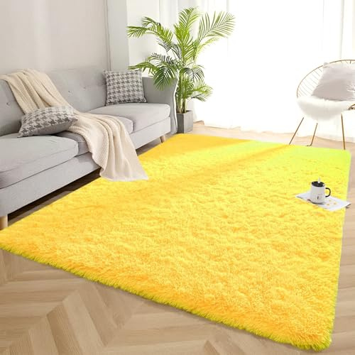 AIMECO Lemon Gelb Flauschig Hochflor Teppich 120x160cm | Anti-Rutsch Leichtgewichtig Skandinavischer Stil, Ideal für Kinderzimmer, Wohnzimmer & Schlafzimmer