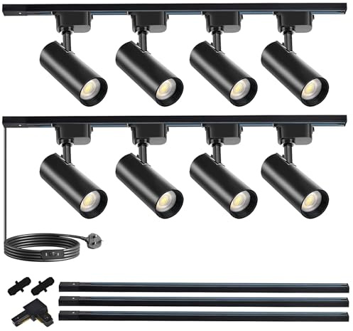 J&L Track Lighting Kit, 8 Track Lights 3000K Warm 25W 2700lm Energy Saving Super-Bright Dimmable Spotlight with 3M Track Rail, Cool White Adjustable Angle Light Heads
