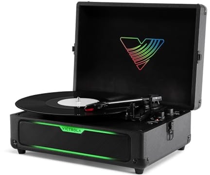Victrola Journey Glow - Lightshow Bluetooth-Kofferplattenspieler - Schwarz | Kofferplattenspieler, 18 RGB-Lichtmodi, eingeb. Lautspr., bidirekt. Bluetooth (VINYLSTREAM-Ausgang), RCA-/Kopfhöreranschluss