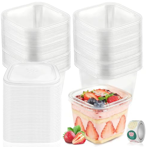 Kozdtiz 50 Stück Dessertbecher Plastik mit Deckel 400ml Dessertbecher Eckig, Dessertschalen Wiederverwendbar, Parfait Vorspeisenbecher für Tiramisu Desserts Pudding Mousse