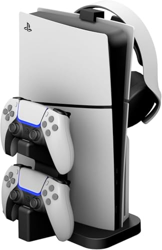 NBCP PS5 Slim Vertical Stand with Dual Controller Charger and LED Indicators for PlayStation 5 Slim Disc & Digital Editions, Includes Headset Holder, Storage Accessory Stand, Black