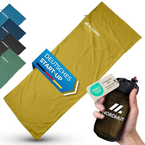 NORDMUT® Hüttenschlafsack Ultraleicht aus Mikrofaser oder Baumwolle - Reiseschlafsack atmungsaktiv kleines Packmaß & besonders weich inkl. Kissenfach
