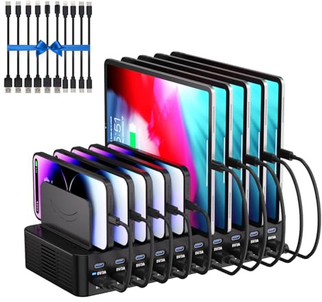 270W USB Charging Station for Multiple Devices, 20-Port Fast Multi USB Charger with Adjustable Dividers & 10 Cables, Multi Device Organizer Charging Dock for iPhone, iPad, Tablets & More (Black)