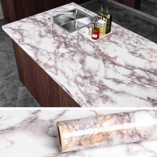 VEELIKE White Grey Marble Wallpaper 40cm x 900cm Marble Vinyl Wrap for Kitchen Worktop Covering Contact Paper Marble Effect Self Adhesive Vinyl Wallpaper for Bathroom Countertop Waterproof Removable