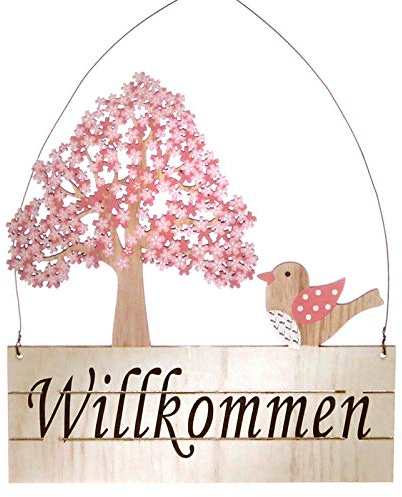 Holzschild Willkommen Kirschblüte mit Vogel 22x26 cm Türschild Hängedeko Schild