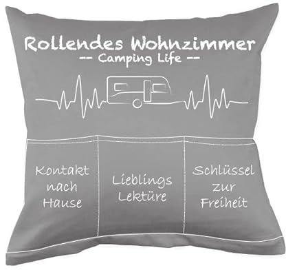 Deggelbam CamperKissen // Kissen für echte Camper Freunde // Camping Wohnmobil Ausstattung // Geschenkidee für Camping // Zeltplatz, 43cm x 43cm x 43cm, Grau