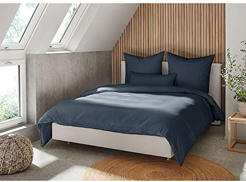 BEFA NATUR Made in Germany Bettwäsche Set, Bettbezug 240x220 cm und 2 Kissenbezüge 80x80 cm aus Baumwolle-Satin, Allergiker geeignet, Öko-Text 100 Klasse 1 Zertifiziert - Dunkelblau