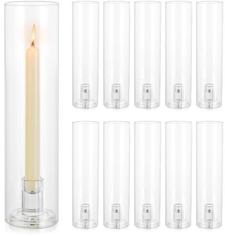Inweder Hurricane Glass Candlestick Holders: 10 Pcs Clear Hurricane Candle Holder for Outdoor Wedding Table Centrepiece Candle Sticks Set with Glass Sleeves for Christmas Fireplace Party Event Decor