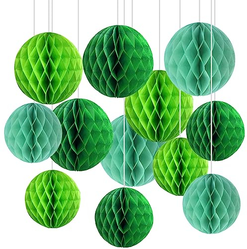 12er Grün Papier Wabenbälle,Seidenpapier Honeycomb Balls for Party Dekoration,St. Patrick's Day Deko(6inch&10inch)