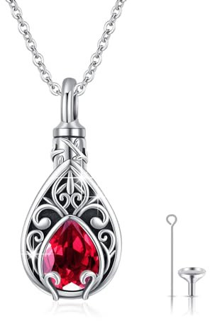 XIXLES Tree of Life Urn Necklace Ruby Teardrop Ashes Jewellery 925 Sterling Silver Red Urn Necklaces for Ashes Cremation Jewellery for Women Men Memorial Gifts for Human Ashes (7-Red birthstone)