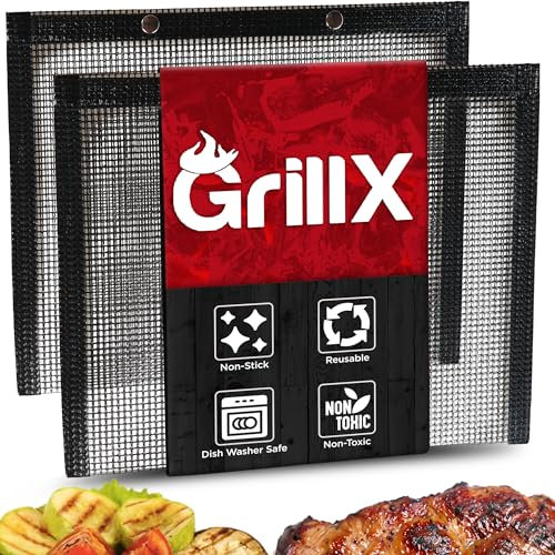 GrillX Mesh Grill Bags - Set of 2 Heat Resistant Stainless Steel BBQ Mesh Bags - Reusable Non-Stick and Food Grade Mesh BBQ Grill - Perfect Barbeque Grill Accessories for Indoor and Outdoor Grill