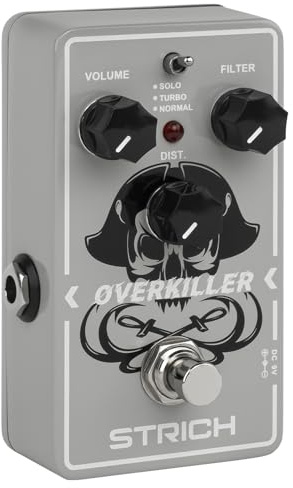 STRICH OVERKILLER Metallverzerrungspedal für Elektrogitarre, Kompakter Mini-Unit, True Bypass, 3 Regler (Volumen, Filter, Distribution), Drei Modi (Solo, Turbo, Normal), 9V DC, Grau-Weiß