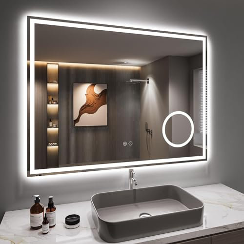 Dripex Espejo de Baño con Luz LED 60 x 80 cm, Antivaho, Dimmable, 3 Colores de Luz, Interruptor Táctil, con 3X Magnification Area y Enchufe Bipolar