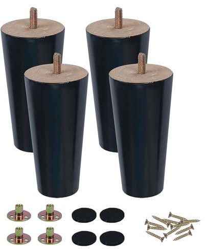 KINDPMA 4PCS Wooden Furniture Legs 12cm Solid Wood Sofa Legs Chair Legs Table Legs Black Furniture Replacement Feet with Mounting Plates Screws Non-Slip Mat for Chair Bed Couch Table TV Cabinet