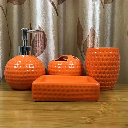 ZXLVCU 4 Stück Keramik Voll Bad Zubehör-Set, Einfaches Waschset mit Zahnputzbecher, Zahnbürstenhalter, Seifenschale und Seifenspender (Orange)