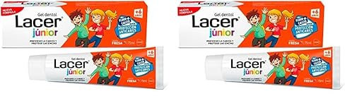 LACER JUNIOR - Gel Dental Infantil 75 ml, para Niños a Partir de 6+ años, Sabor a Fresa, Previene la Caries, Fórmula de Flúor Más Calcio, Cuida los Dientes de Leche (Paquete de 2)