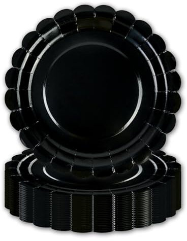 HFBOBP Lot de 50 assiettes en carton festonnées noires pour dîner et dessert, fournitures de fête jetables pour remise de diplôme, vacances, mariage, anniversaire, prénatal