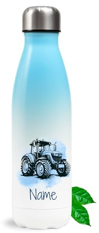 GRAZDesign Personalisierte Thermosflasche mit Namen, Blau 500ml, Wasserflasche mit Traktor-Motiv, Trinkflasche aus Edelstahl