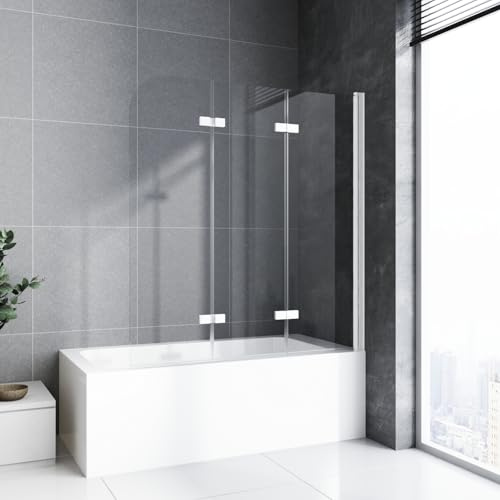 Duschwand für Badewanne faltbar 3 teilig 140 x 140 cm Badewannenfaltwand Duschtrennwand mit Stabilisator 6mm ESG Sicherheitsglas Duschabtrennung Badewanne, Weißer Rahmen