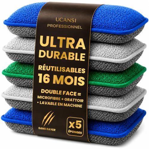 UCANSI – Lot de 5 Éponges Lavables Double Face Anti-Rayures | Microfibre Ultra Absorbante & Hygiénique | Durable, Réutilisable, Séchage Rapide | Vaisselle, Cuisine, INOX, Vitres (Pack Riviera)