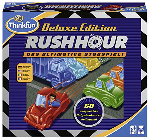 ThinkFun 76338 76305 - Rush Hour - Das bekannte Stau-Spiel in der Deluxe Edition mit Fahrzeugen in Metalloptik, Logikspiel für Erwachsene und Kinder ab 8 Jahren