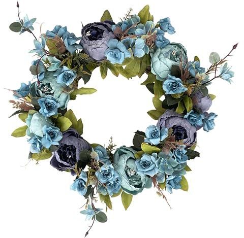 Yokoke Peony Wreath Rose Floral Twig Wreath 16 Inch Handmade Vintage Artificial Flowers Garland Front Door Wreath Beautiful Silk For Spring And Summer Wreath Display (blue)