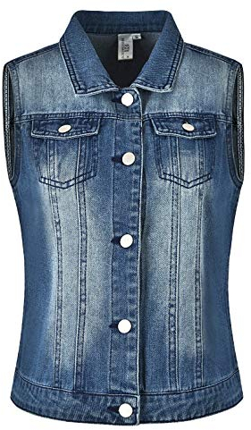 Miss Moly Damen Gewaschener Denim Weste Leicht mit Taschen BF Stil Dunkel Blau - S