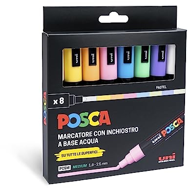 POSCA - Uniposca Set con Pennarelli Acrilici Punta Tonda 1.8 - 2.5 mm, Colori per Tessuti, Legno, Vetro e Altro, Pennarelli Acquerellabili Uni Posca Professionali e Cartoleria, Resistenti a Acqua/Luce
