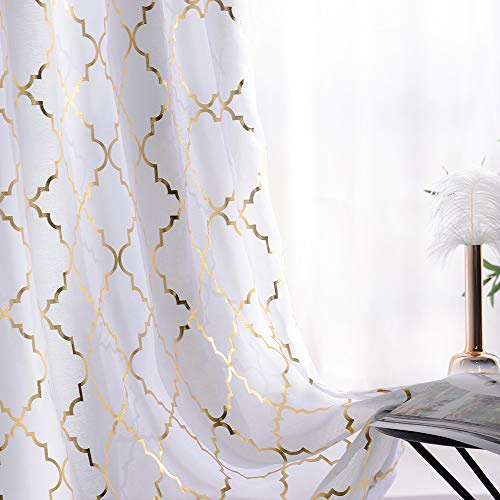 YJ Yanjun Moroccan Silver Print Voile Curtain Rod for Kids Room, Short Window Curtains for Bedroom, 52 x 84, Gold White
