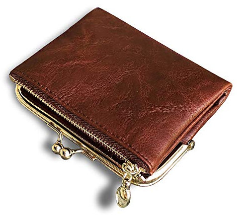 AOXONEL Geldbörse für Damen, klein, RFID, kompakt, doppelt gefaltet, Leder, Vintage-Stil, Münzgeldbörse mit Reißverschluss und Kussschloss (braun)