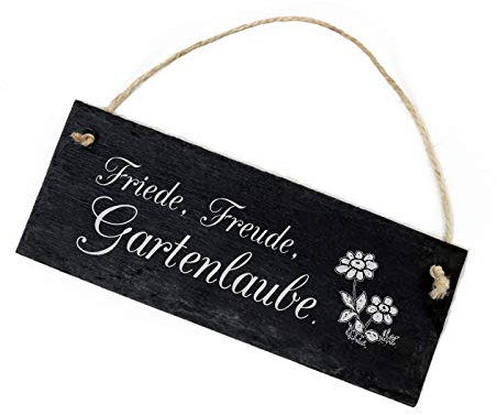 Schiefertafel Friede, Freude, Gartenlaube - Blumen Schild - 22 x 8 cm