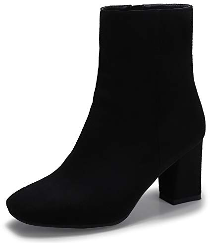 IDIFU Women's Aliza Fashion Square Toe Short Boots Side Zipper Low Block Heel Ankle Booties(Black Suede, 8.5 M US)