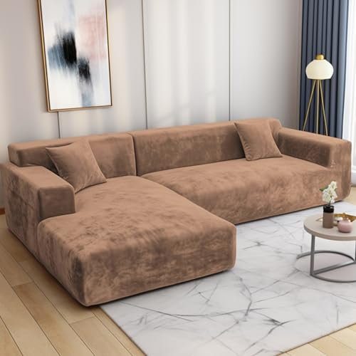 HEYOMART Sofabezug Ecksofa L Form Stretch Plüsch Sofa Überzug Universal Couchbezug Für 1/2/3/4 Sitzer - 1 Sitzer, Kamel (L Form Ecksofa Erfordert Zwei)