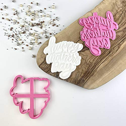 LissieLou Happy Mother's Day Style 1 Cookie Cutter and Stamp Love Heart Icing Stamp Fondant Embosser - Light Pink