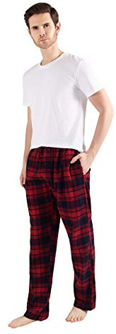 JTPW Men's 100% Cotton Flannel Sleep Pajama Pants with Pockets, Navy Red Plaid, Size: L
