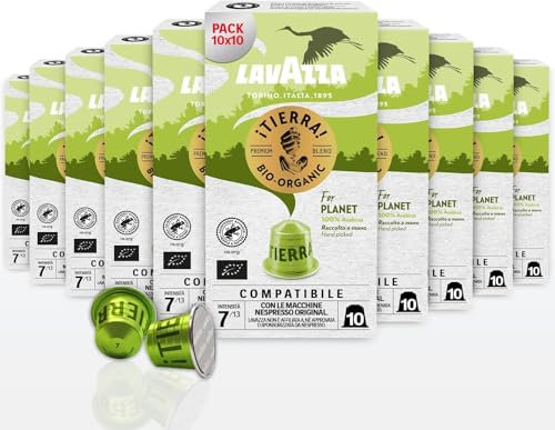 Lavazza, ¡Tierra! For Planet, 100 Capsule di Caffè in Alluminio Compatibili con Macchine Nespresso Original, con Note Fruttate, 100% Arabica, Intensità 7/13, Tostatura Media, 10 Pack da 10 Capsule
