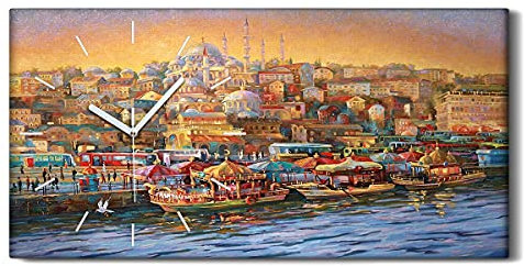 Coloray Uhr auf Leinwand - Weiße Hände - Wohnzimmer Dekoration Segeltuch Ohne Tickendes Geräusc Kunst Wand Uhr - Istanbul Golden Horn Bay