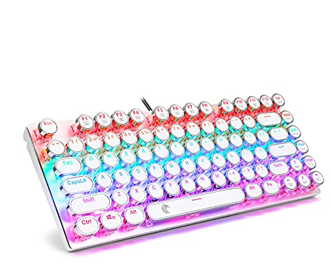 HUO JI E-Yooso Z-88 Typewriter Mechanical Keyboard, Rainbow LED Backlit, Vintage Retro Style, Brown Switches, Compact 81 Keys Hot Swappable for PC, Mac, White