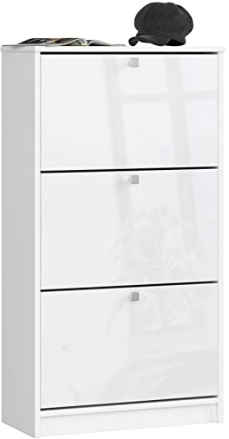 AKORD Schuhschrank mit 3 Schuhkippern | Schuhkipper | Schuhregal geschlossen | Schuhbank | Schuhaufbewahrung | B60 x H113 x T28,5 cm, Gewicht 29 kg | Farbe Weiß/Weiß Glänzend