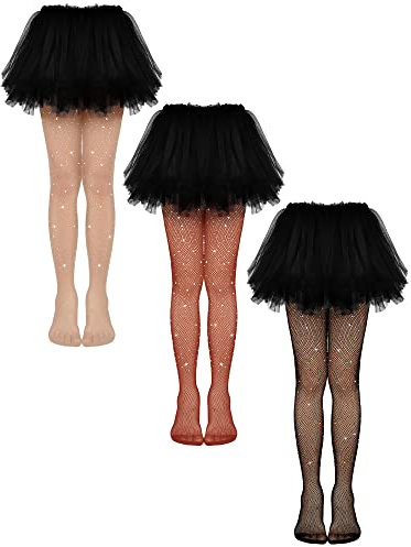 Geyoga 3 Collants Résille Scintillants Fille Collants à Paillettes en Strass(M, 125-160 cm,Noir, Nude, Caramel)