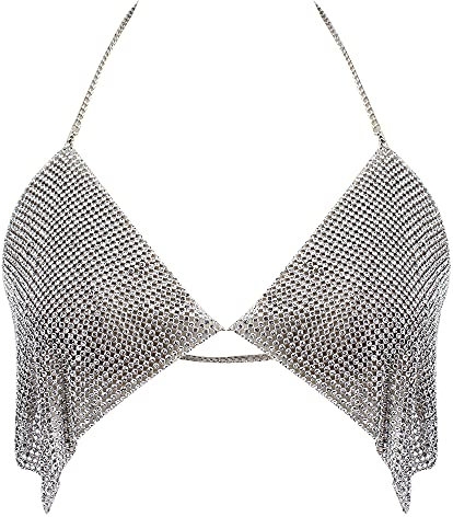 MEGAUK Bikini da donna con allacciatura al collo, con strass, reggiseno da donna, costume da bagno con schiena scoperta, bikini con seni grandi, argento 06266, 4D