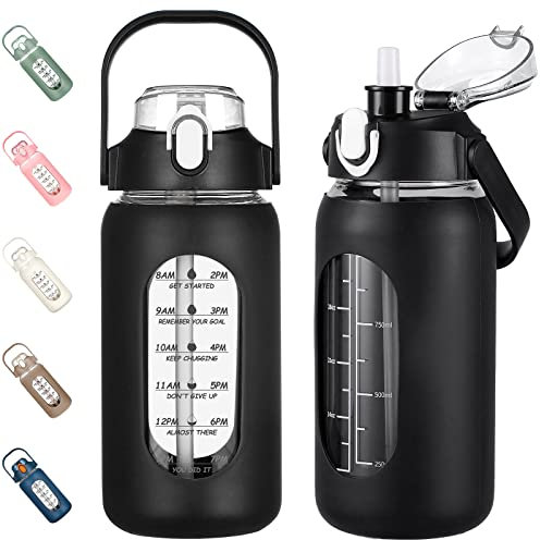 kytffu Borraccia in vetro con cannuccia, bottiglia motivazionale in vetro con custodia in silicone e indicatore del tempo, grande brocca in vetro a prova di perdite, per palestra, casa, ufficio, nero