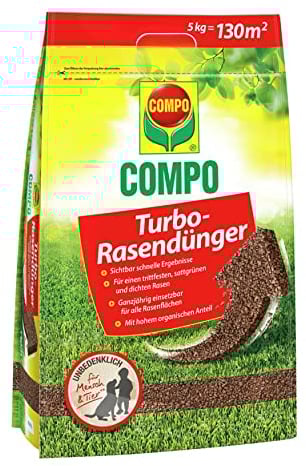 COMPO Turbo-Rasendünger - leistungsstarker Rasendünger für alle Rasenflächen - für schnelle Ergebnisse - 5 kg für 130 m²