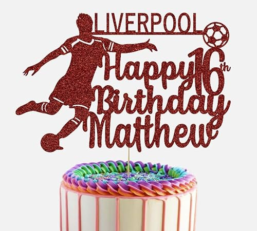 Football Personalised Birthday Glitter Cake Topper With Any Name Age & Team (Red)