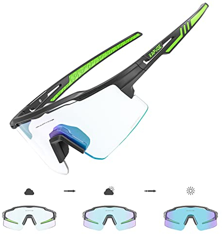 KAPVOE Selbsttönend Fahrradbrille Photochromatische UV400 Schutz Klar Sportsonnenbrille für Herren Damen Sport Radfahren MTB Radbrille Sportbrille Fahren Baseball Laufen Angeln Golf Grün Schwarz 04