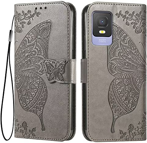 EASSGU Leder Handyhülle für TCL 403 (6 Inches) Flip-Folio Magnetische Hülle mit 3 Kartenfach, 1 Wallet, Sturzfeste, Kratzfeste Case - Grau