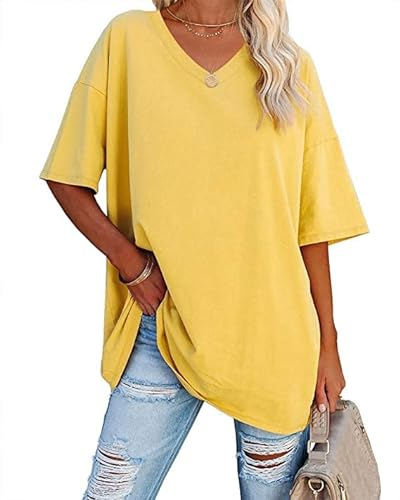 Ebifin Damen Oversize T Shirt mit V-Ausschnitt Kurzärmeliges Casual Lockere Basic Sommer Tee Shirts Bluse.Gelb.XL